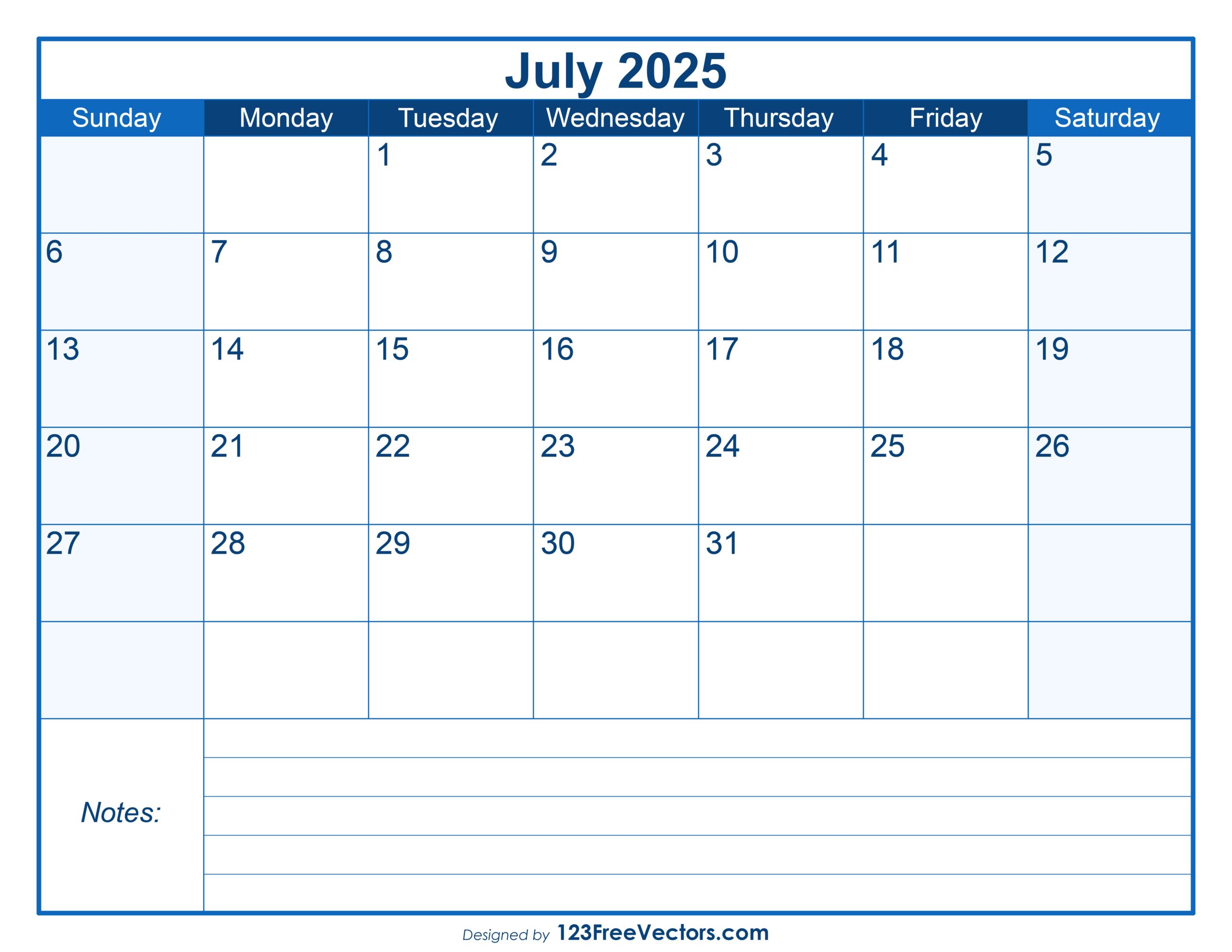 Free Download Free Printable July 2025 Calendar