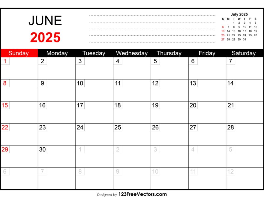 Free Download June 2025 Printable Calendar