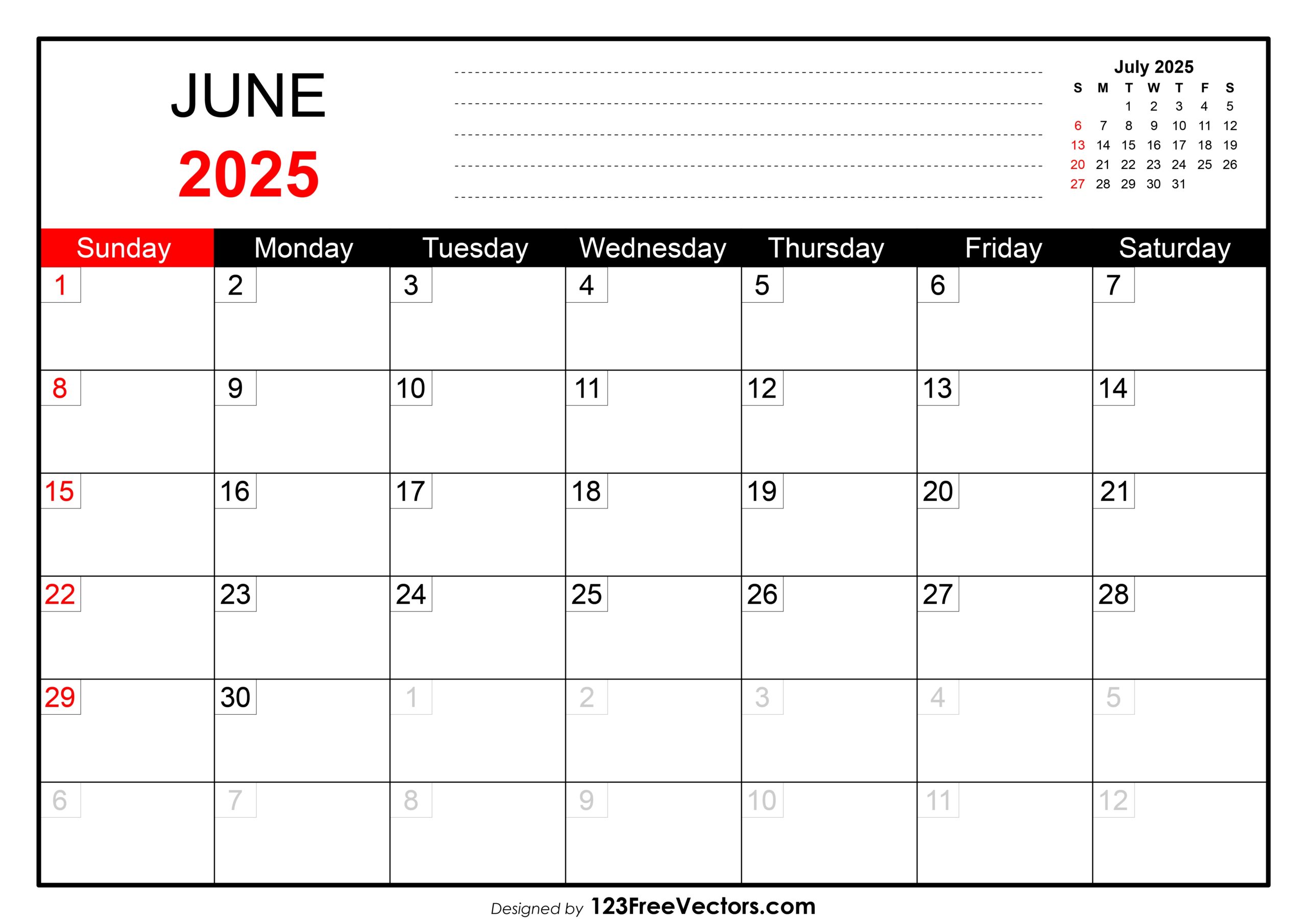 Free Download June 2025 Printable Calendar