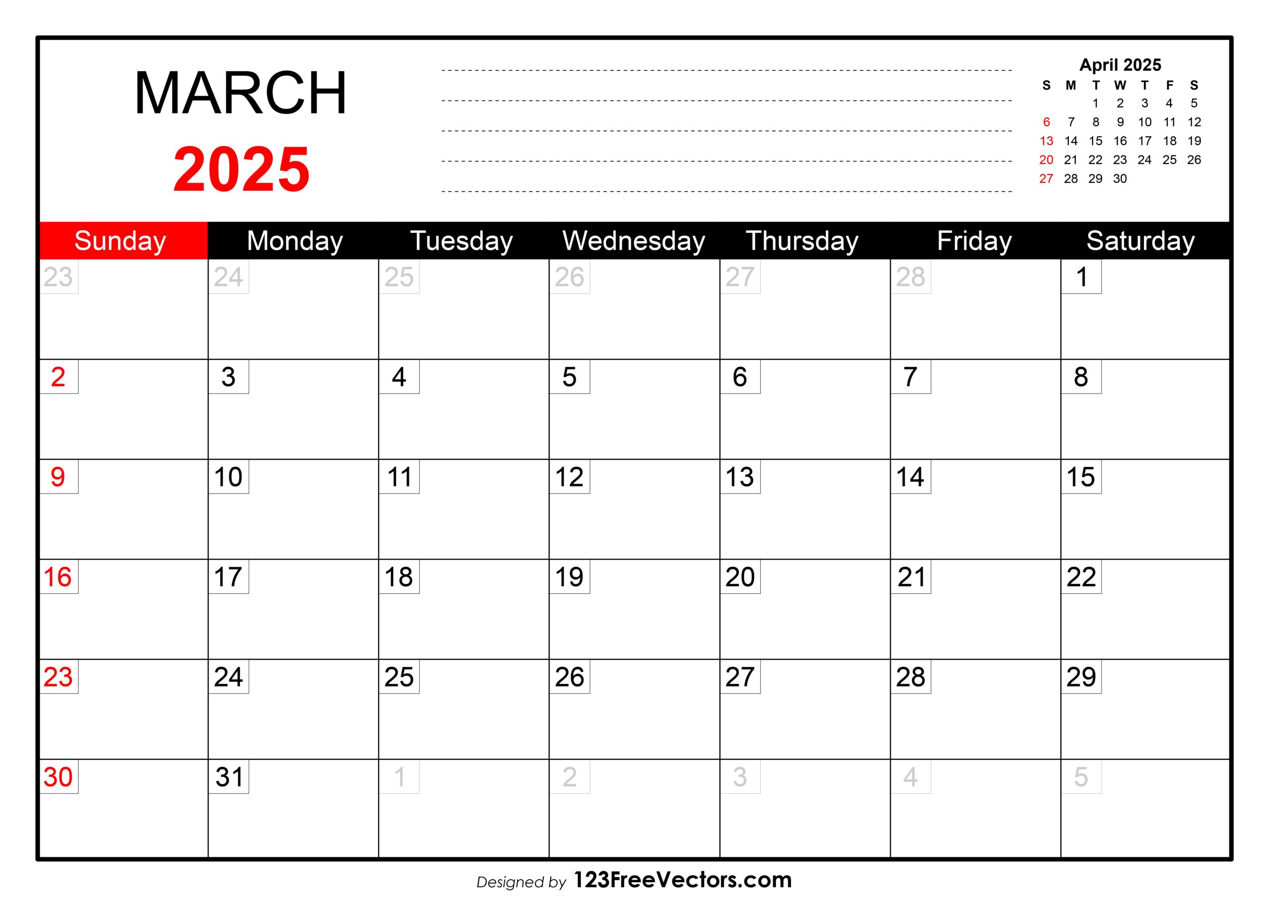 Free Download March 2025 Printable Calendar