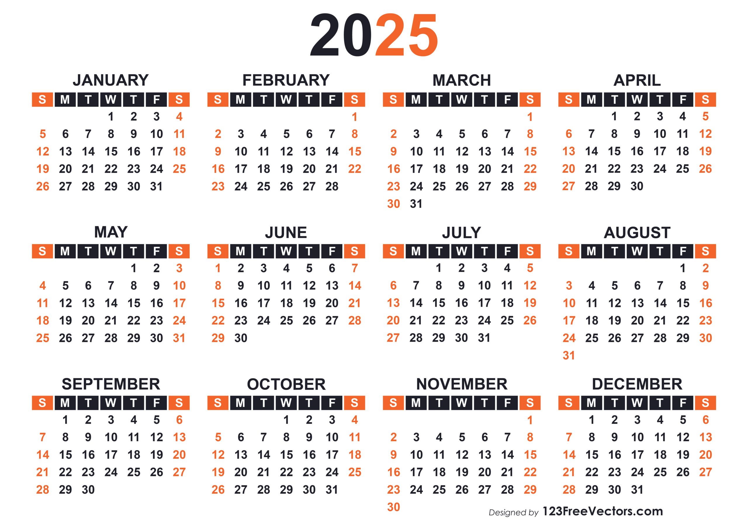 Free Download Yearly Calendar 2025 Printable