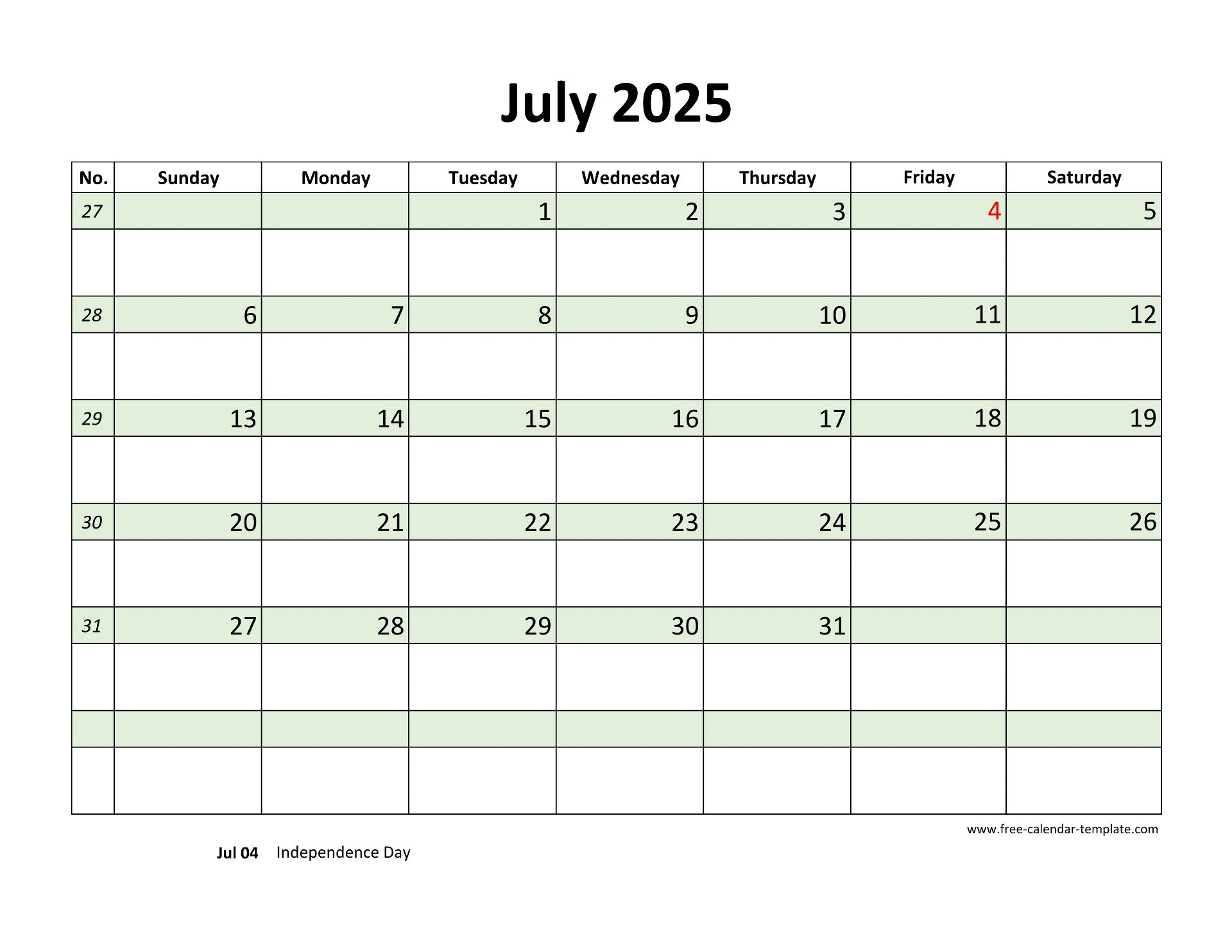 Free July 2025 Calendar Coloring On Each Day horizontal Free calendar template