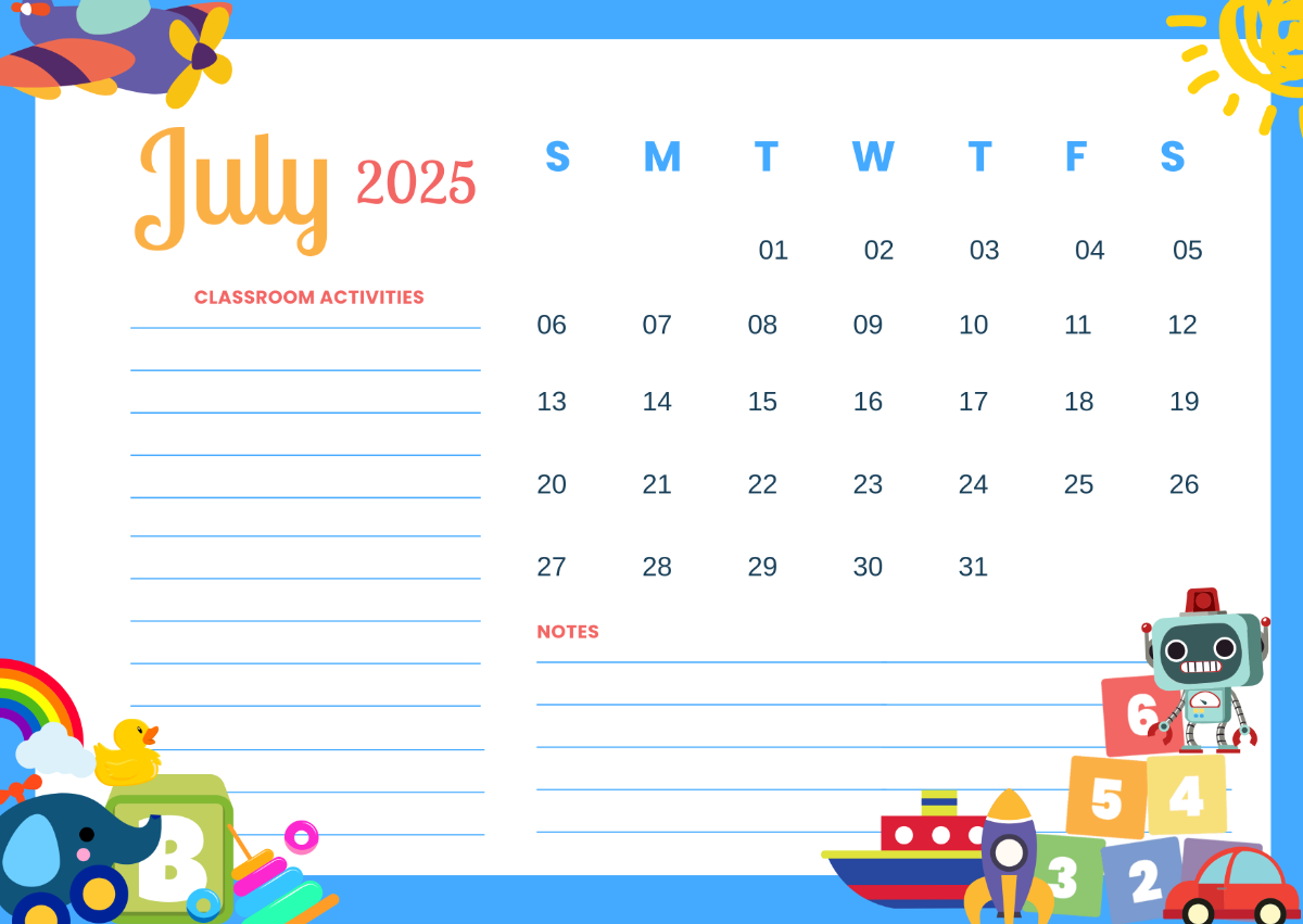 Free July 2025 Classroom Calendar Template To Edit Online