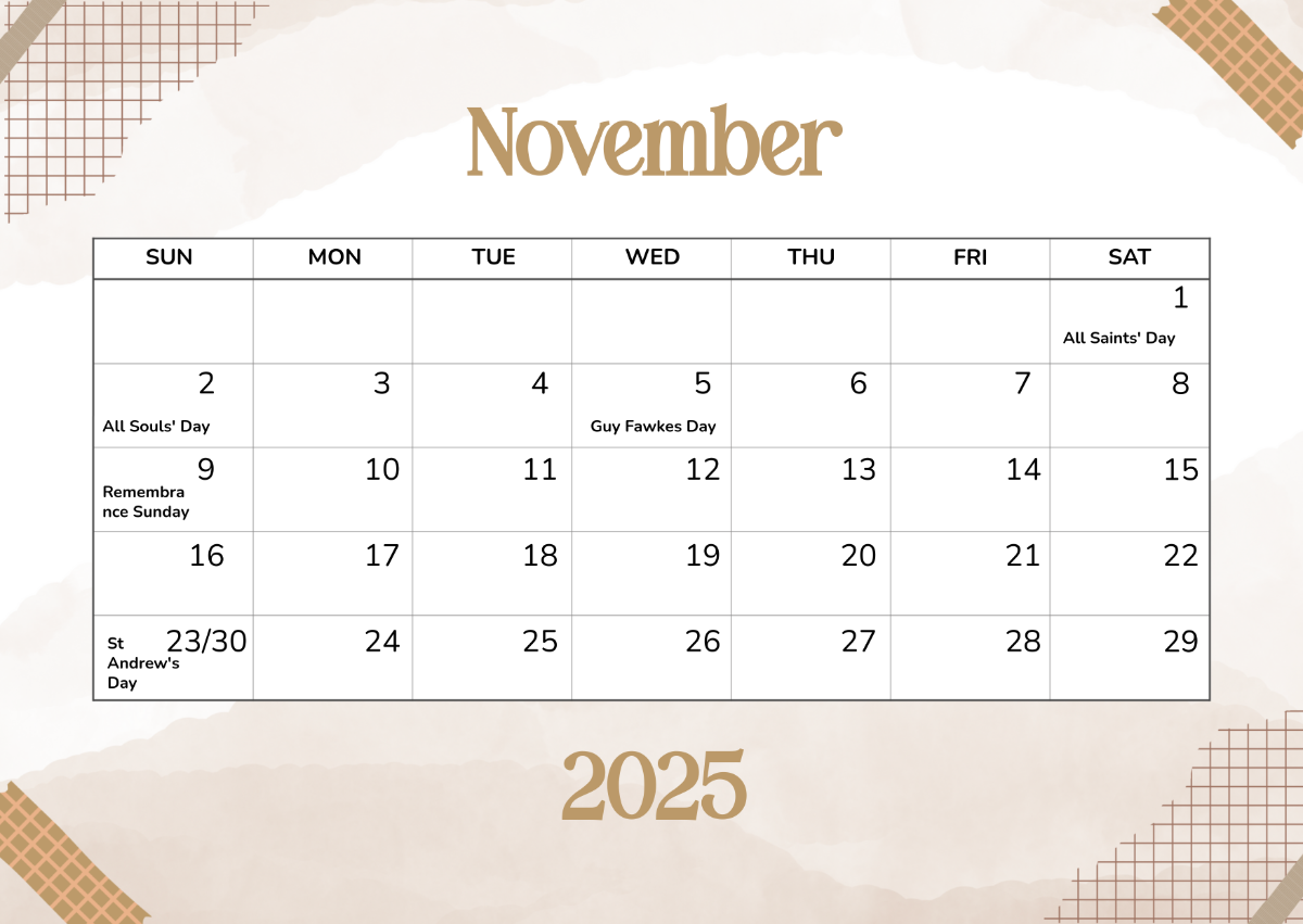 Blank Cute November 2025 Calendar Editable