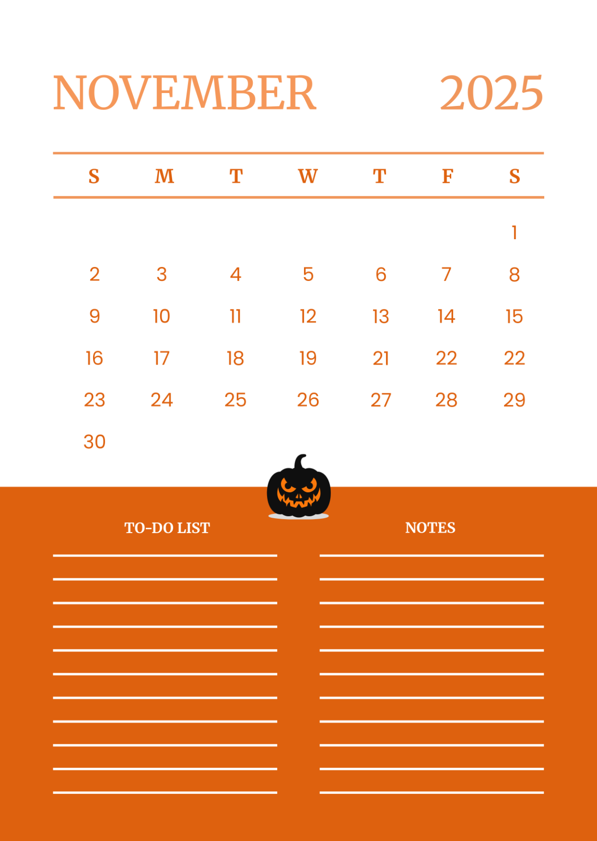 Blank Calendar November 2025 Editable
