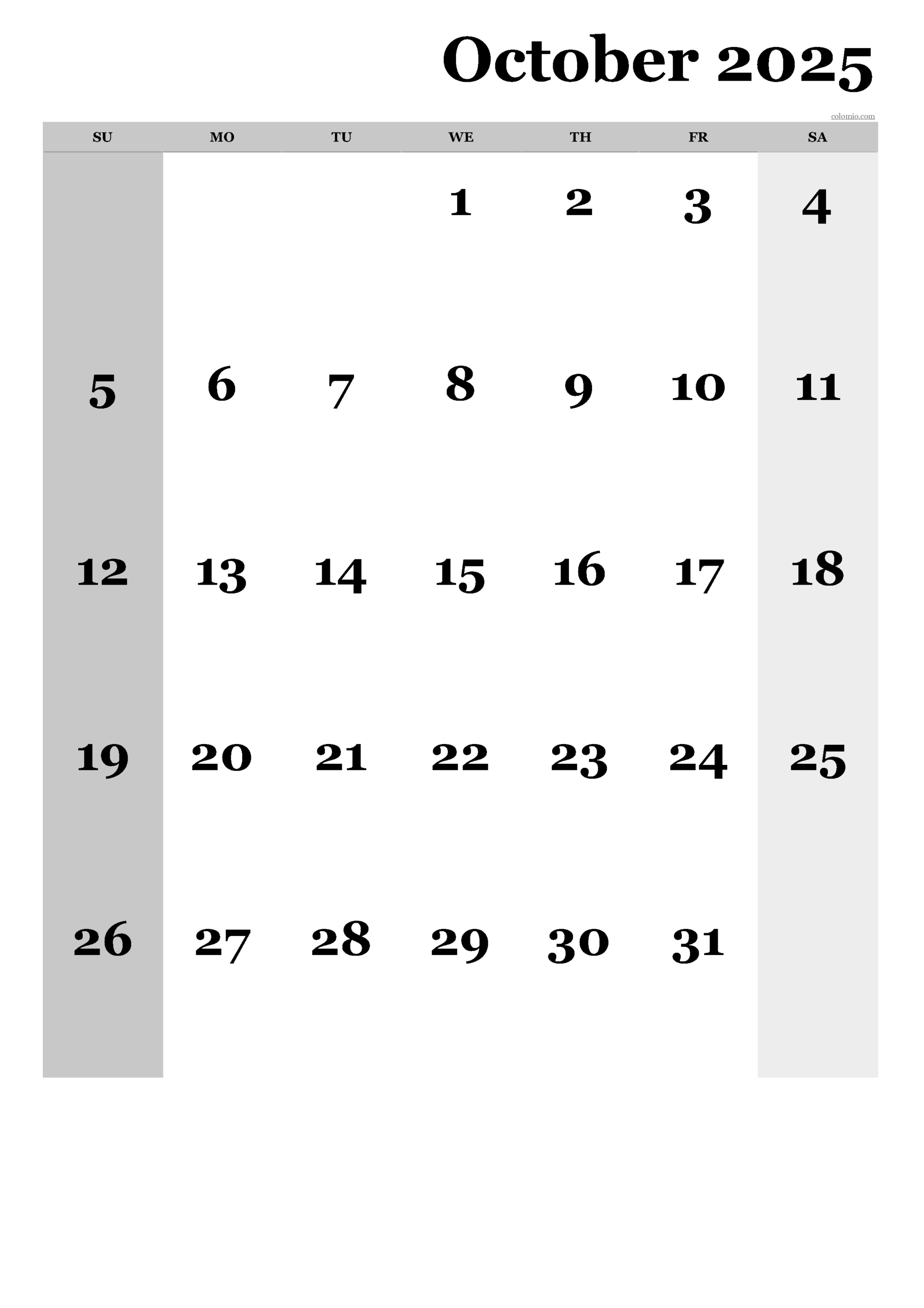 Monthly Blank Calendar October 2025