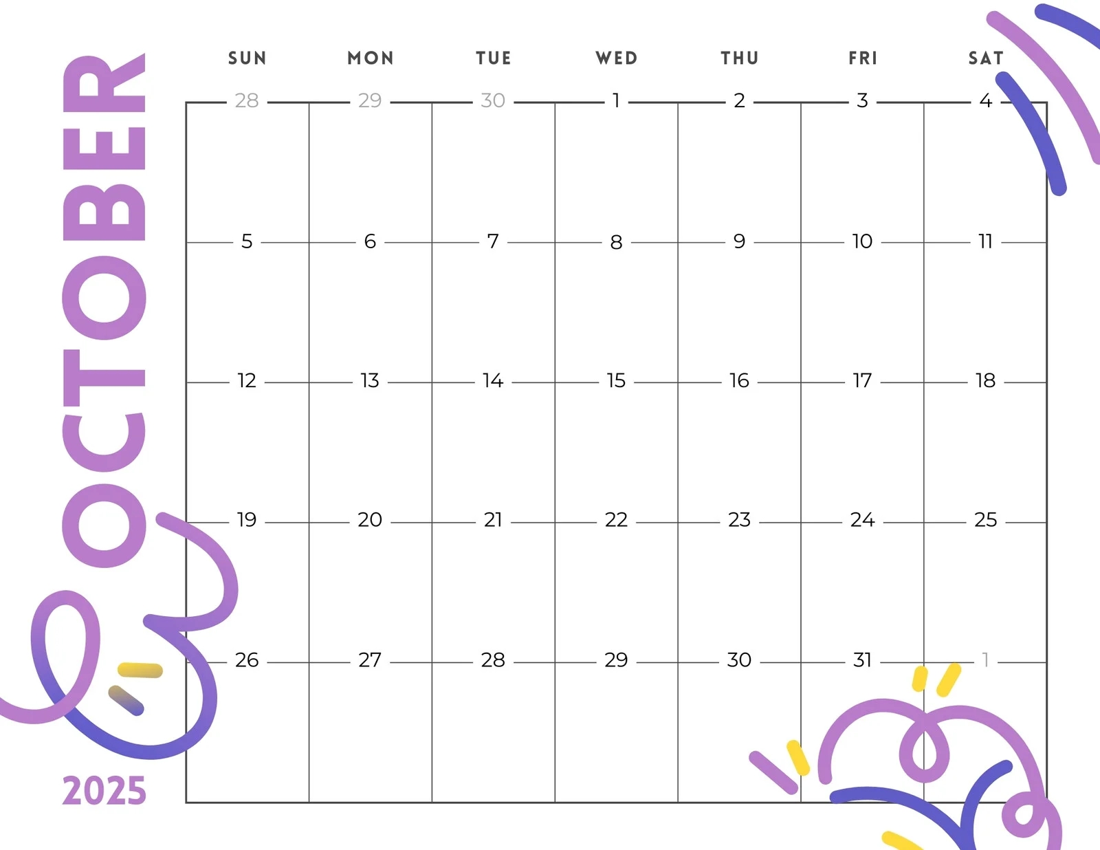 Blank 0ct 10 2025 Calendar Printable