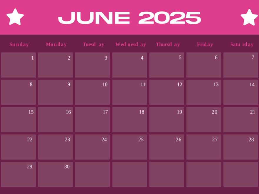 Free Pink June 2025 Calendar Template To Edit Online