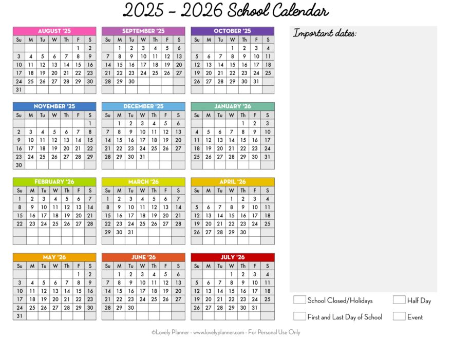 Free Printable 2025 2026 School Calendar One Page Academic Calendar Lovely Planner