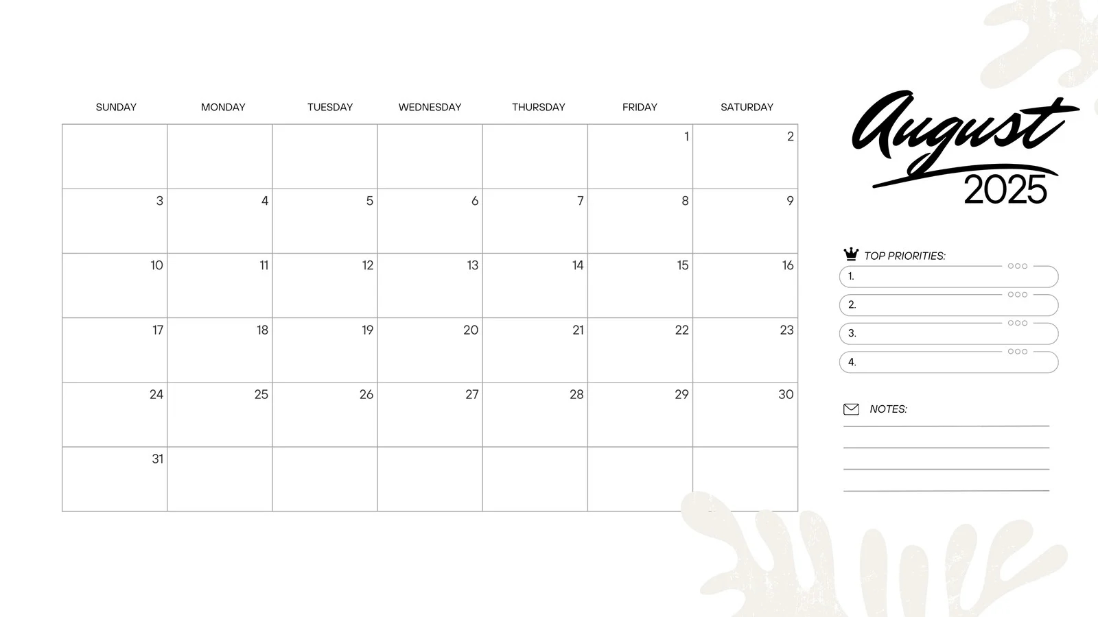 Blank Augist 2025 Calendar