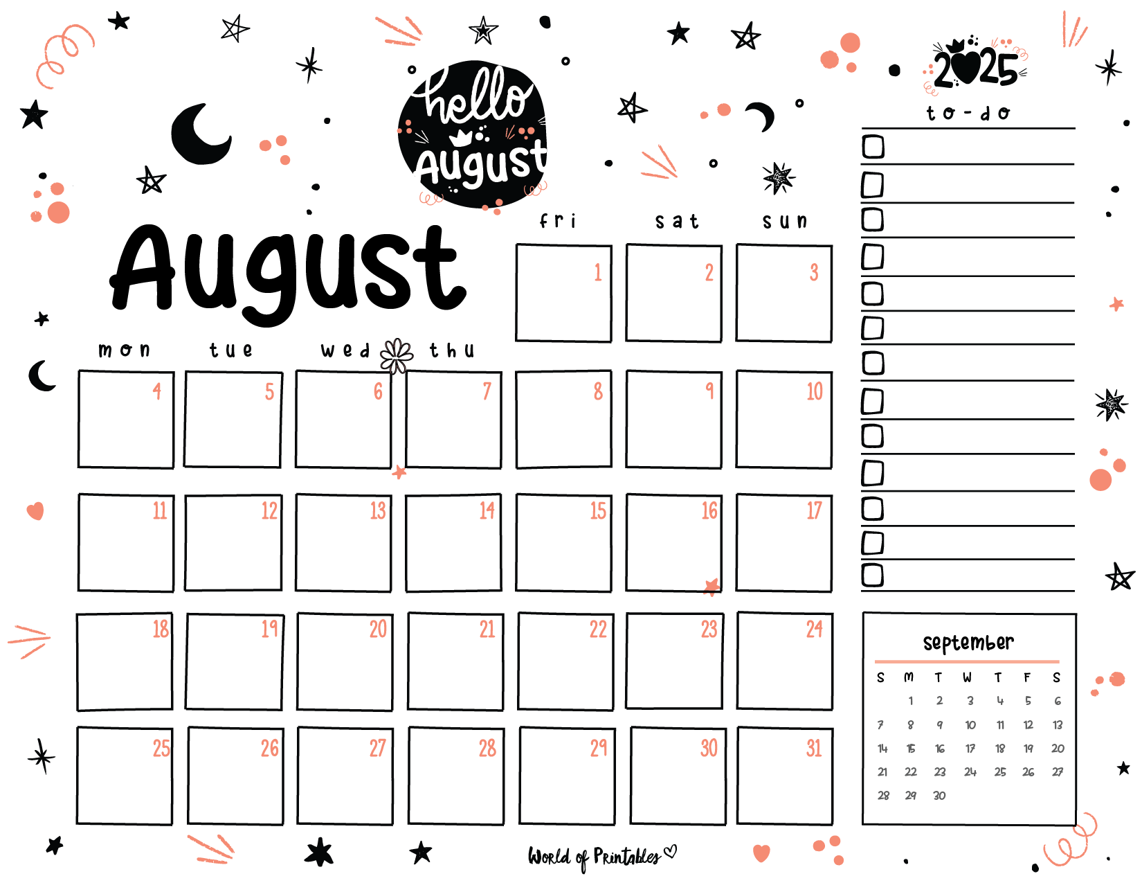 Print Blank Calendar Page August 2025