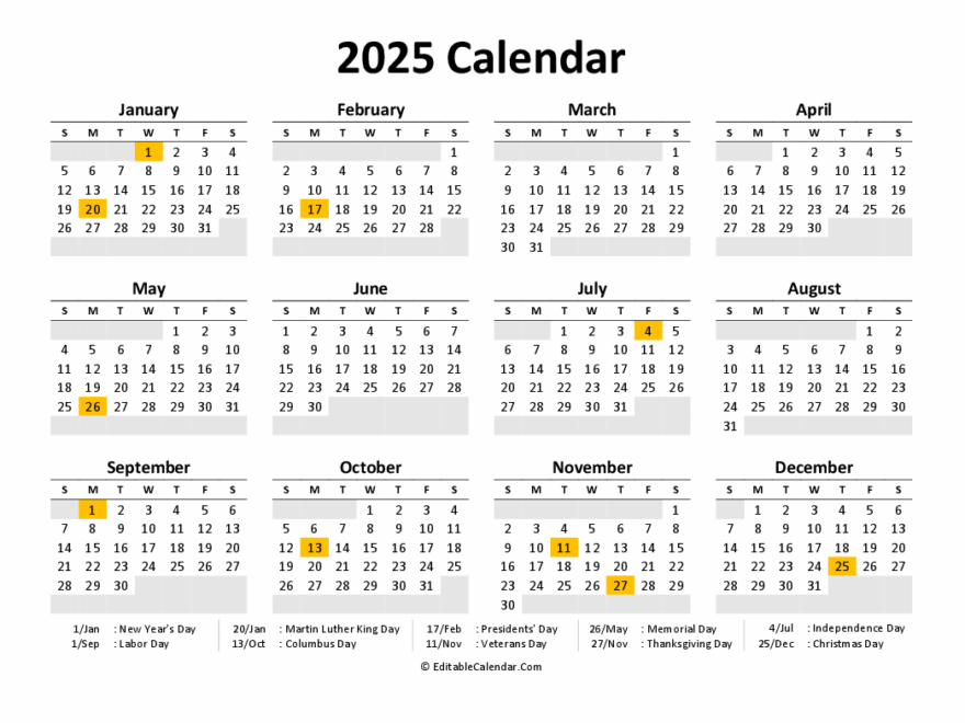 Free Printable Calendar 2025 Word PDF Excel