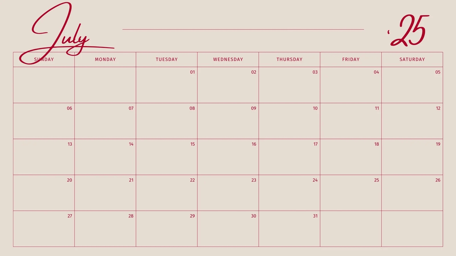 2025 Red Blank Calendar