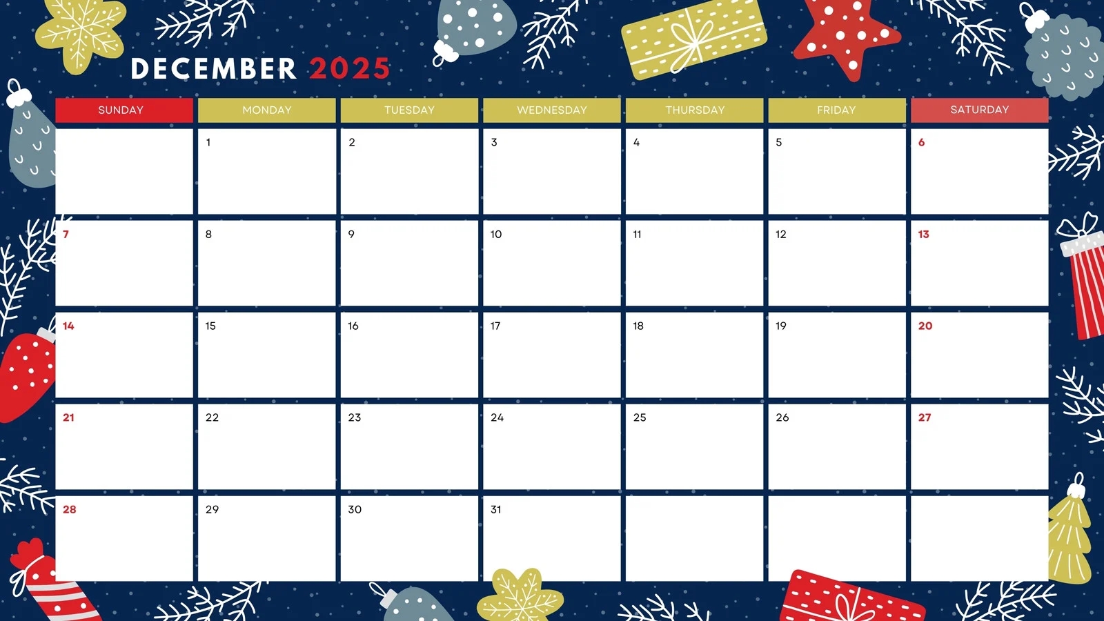 Blank Printable December 2025 Calendar