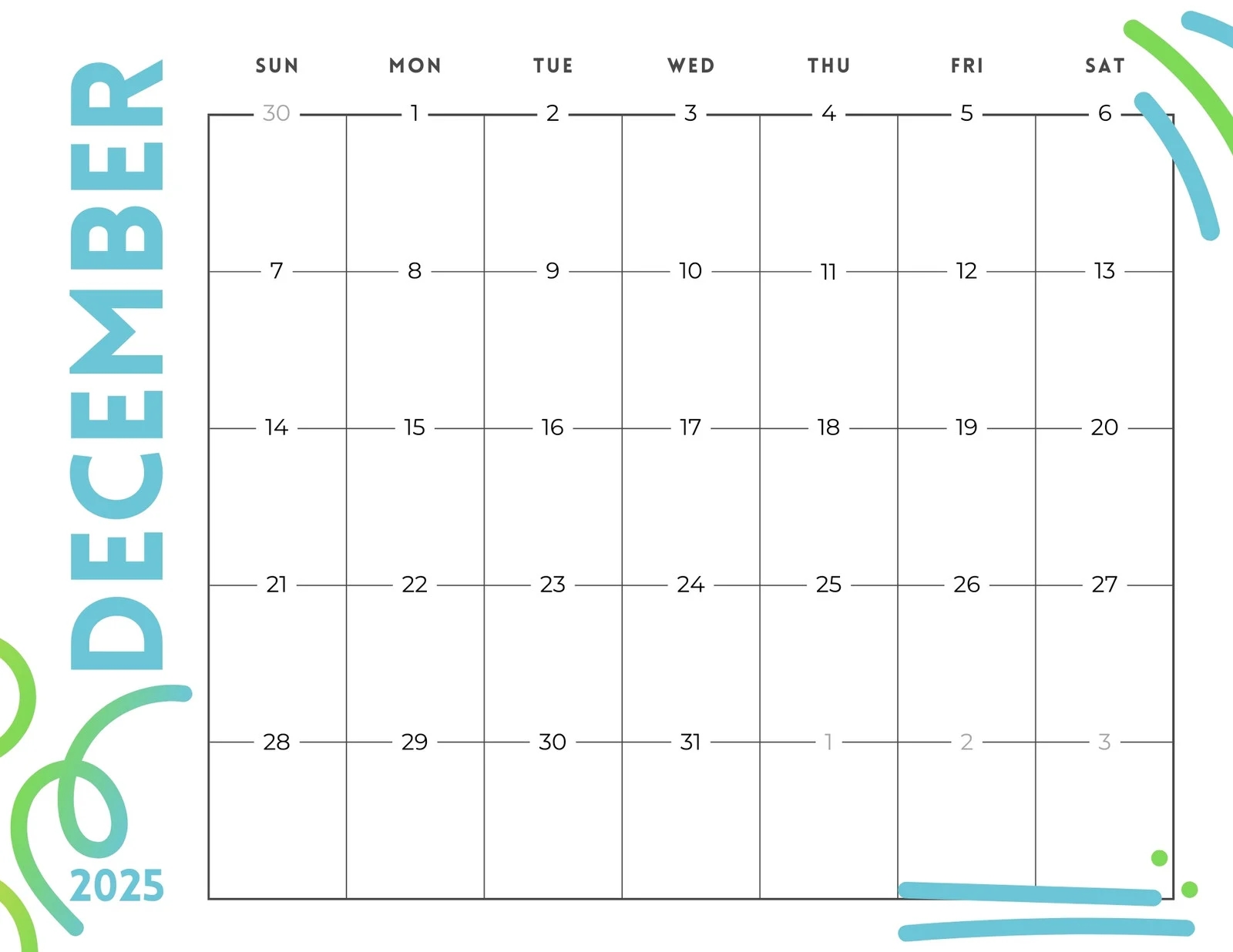 2025 December Calendar Blank