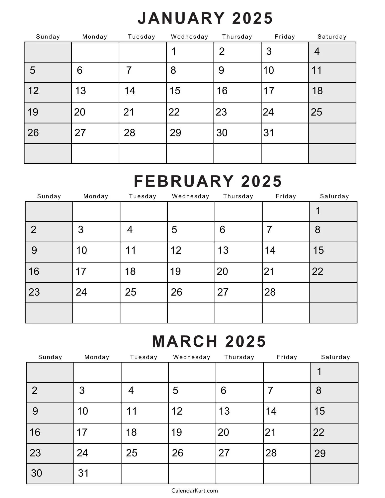 Free Printable January To March 2025 Calendar CalendarKart