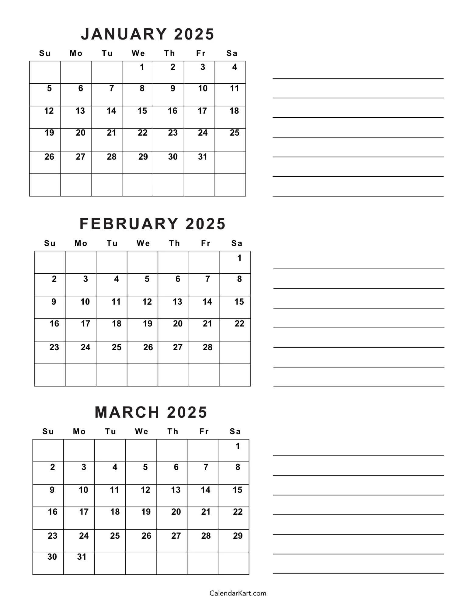 Blank Konthly Calendar 2025 With Holidays