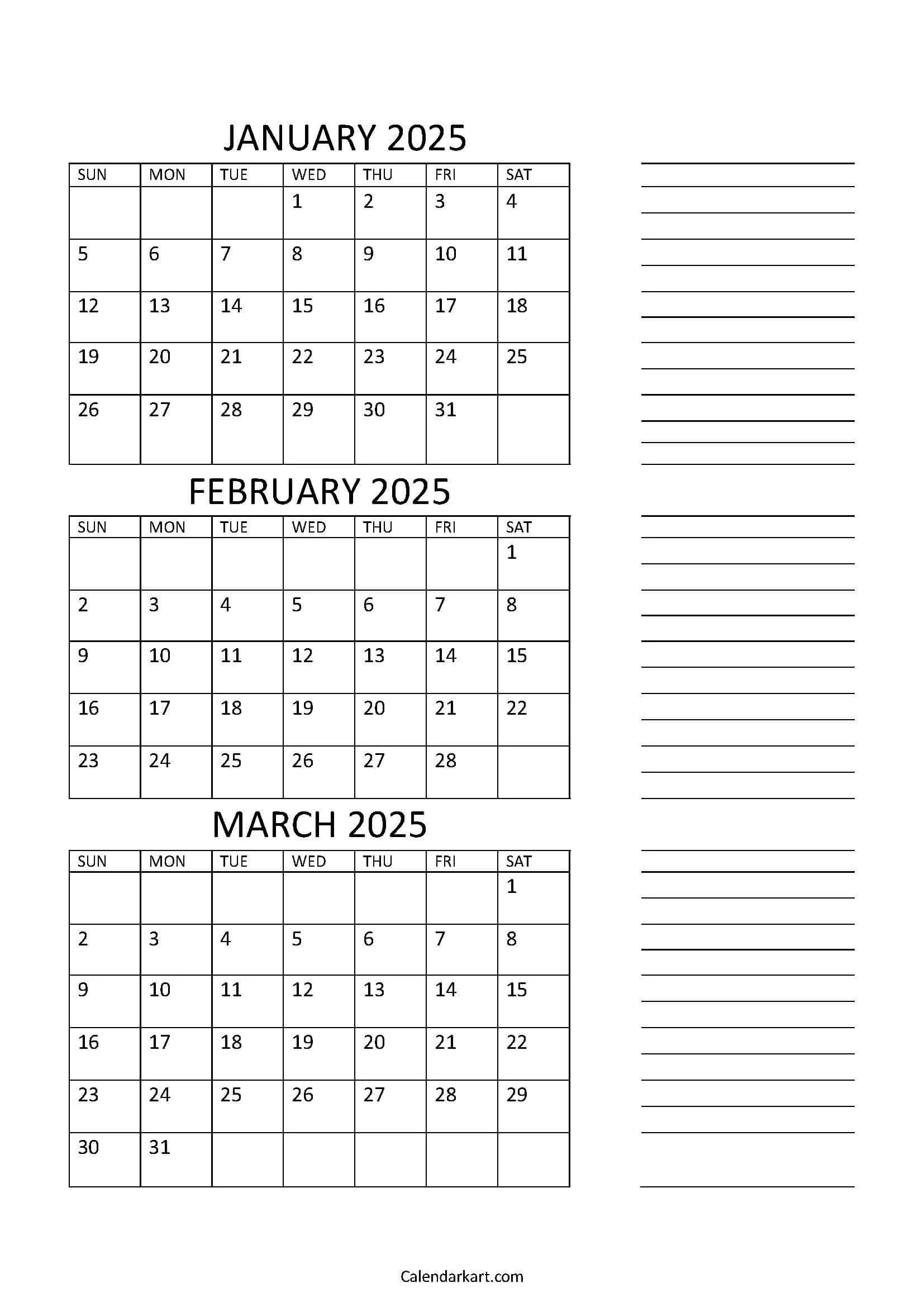 Free Printable January To March 2025 Calendar CalendarKart