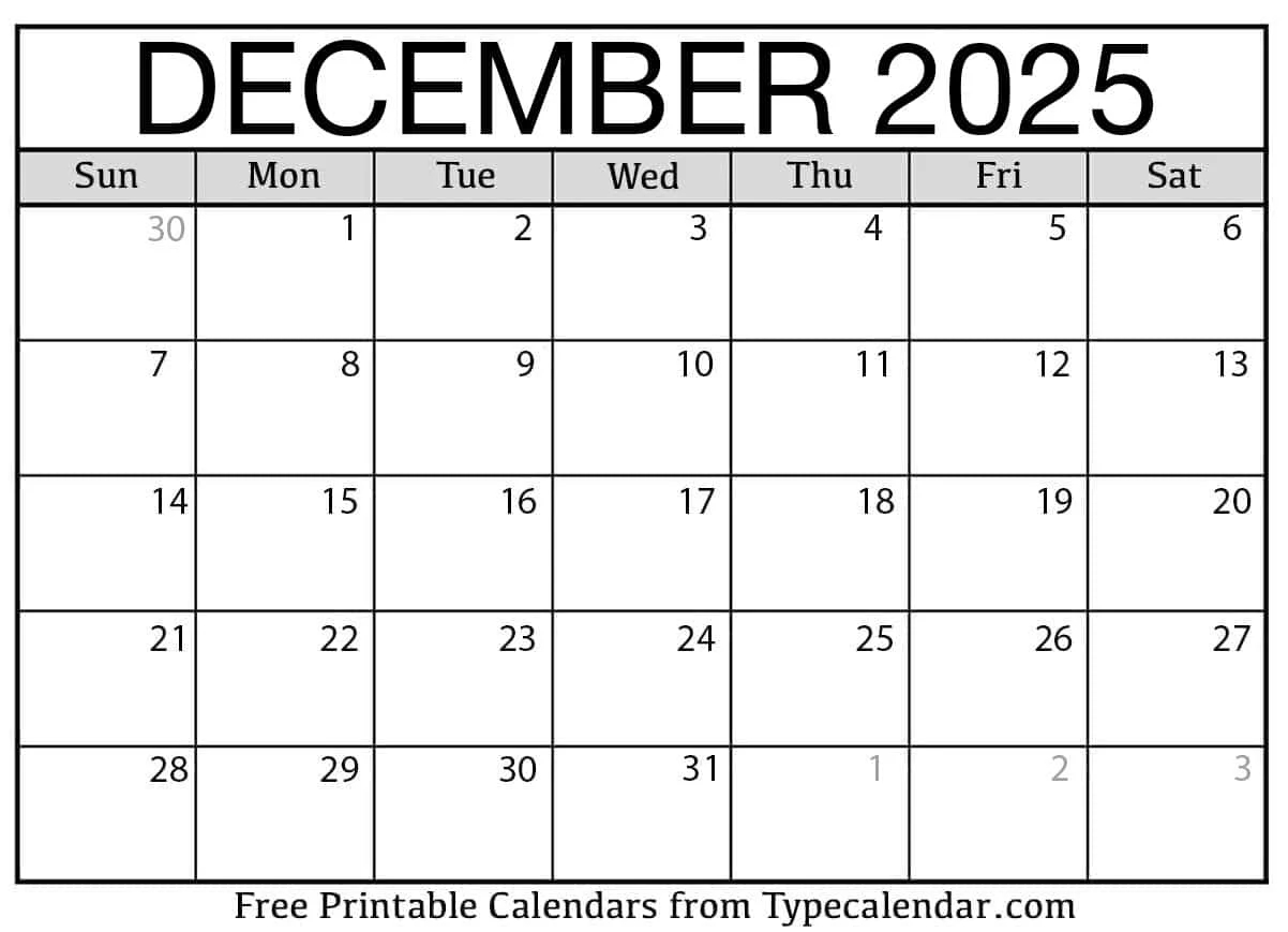 2025 December Blank Calendar Gold