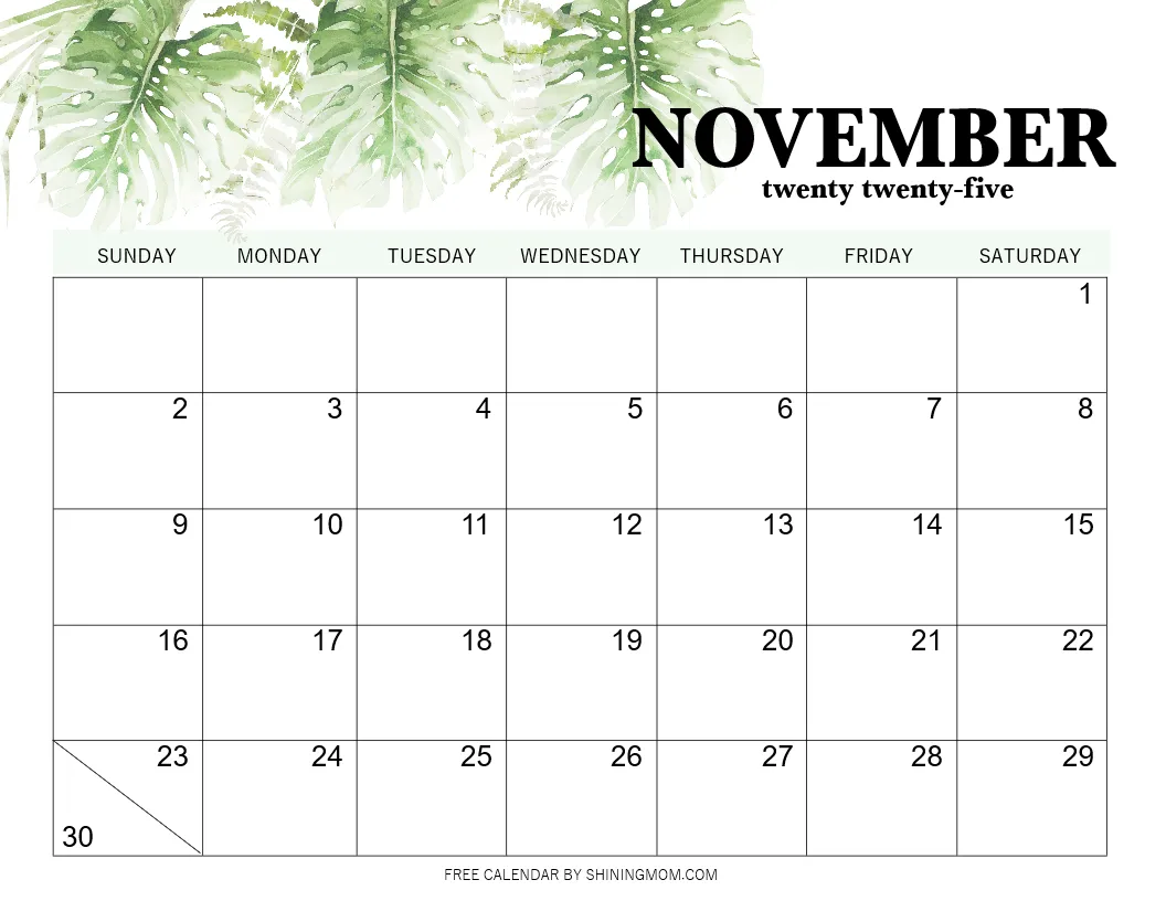 Blank November 2025 Thanksgiving Calendar