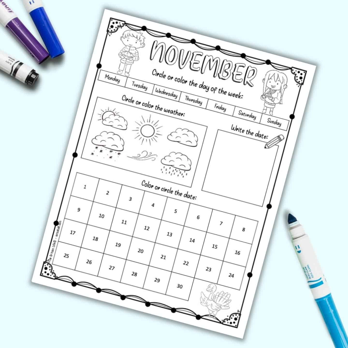 Free Printable November Calendar Worksheet For Kids The Artisan Life