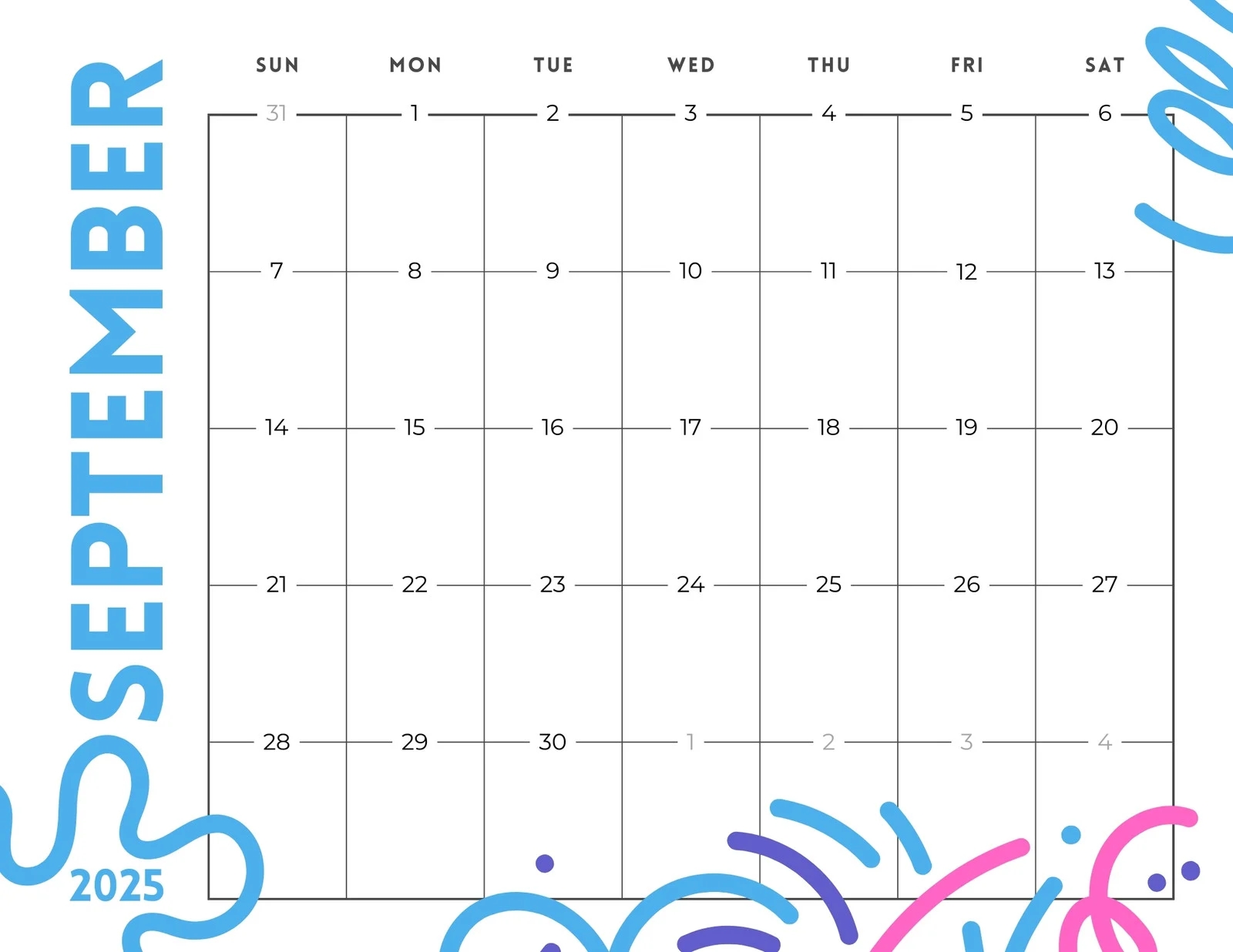 Print Sept 2025 Blank Calendar