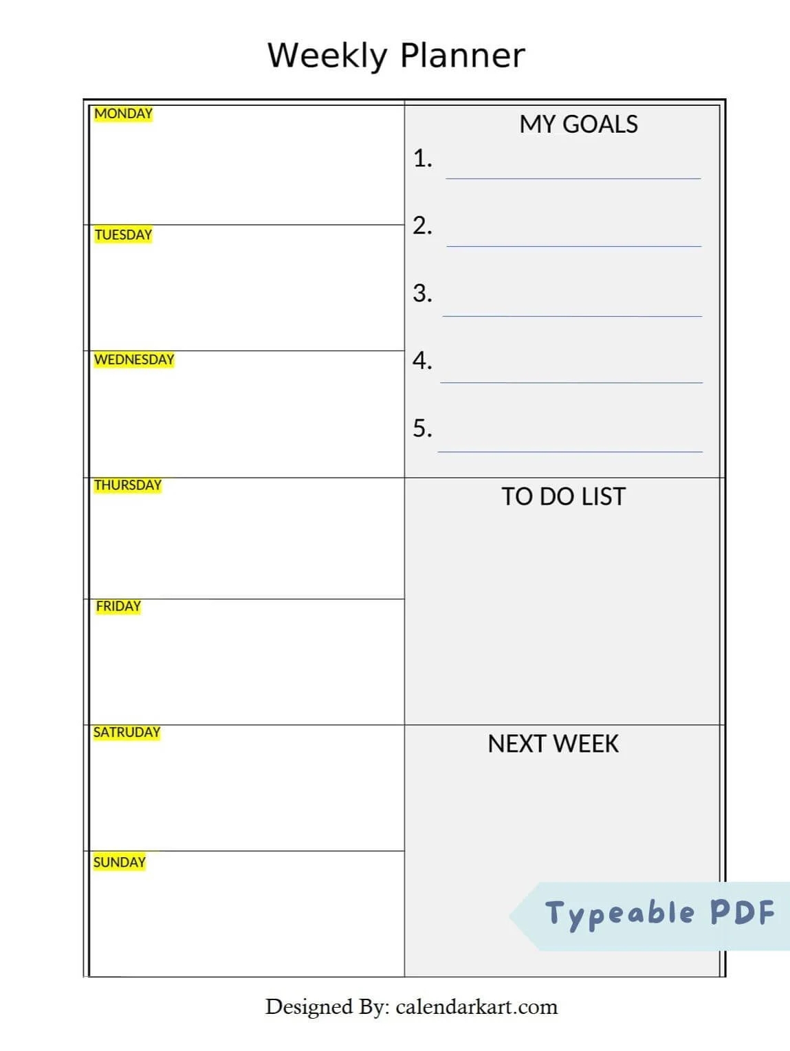 Blank Week Calendar 2025