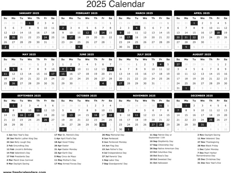 Free Printable Year 2025 Calendar