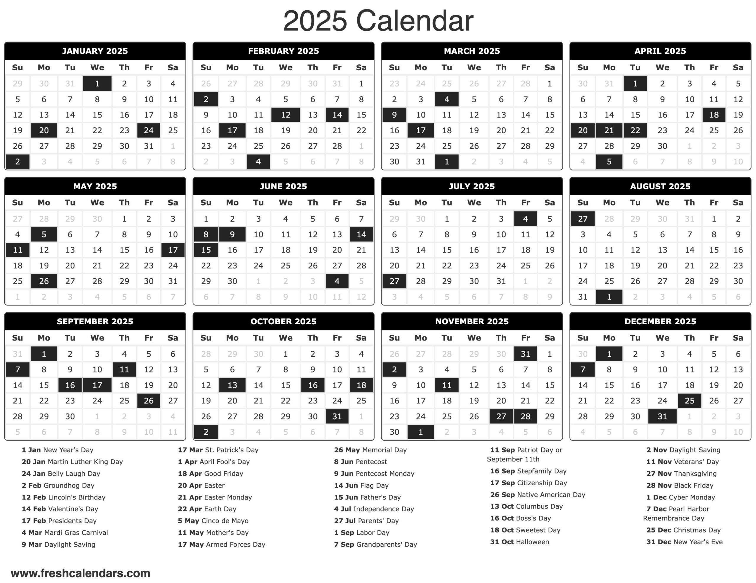 Free Printable Year 2025 Calendar