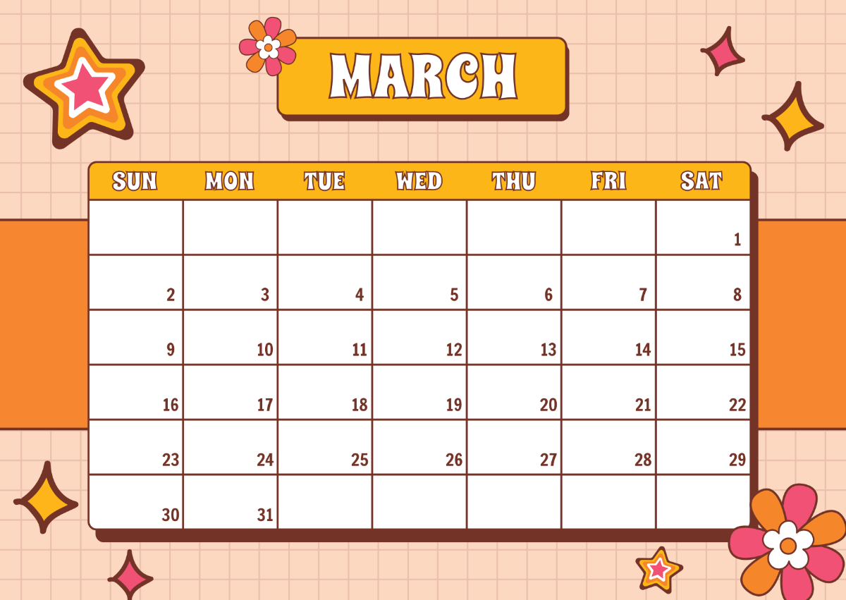 Free Retro March 2025 Monthly Calendar Template To Edit Online