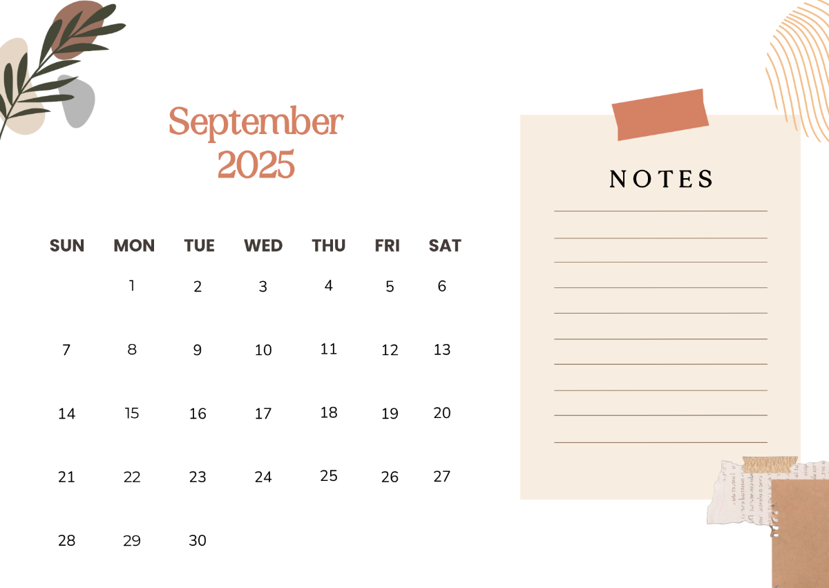 Free September 2025 Aesthetic Calendar With Notes Template To Edit Online