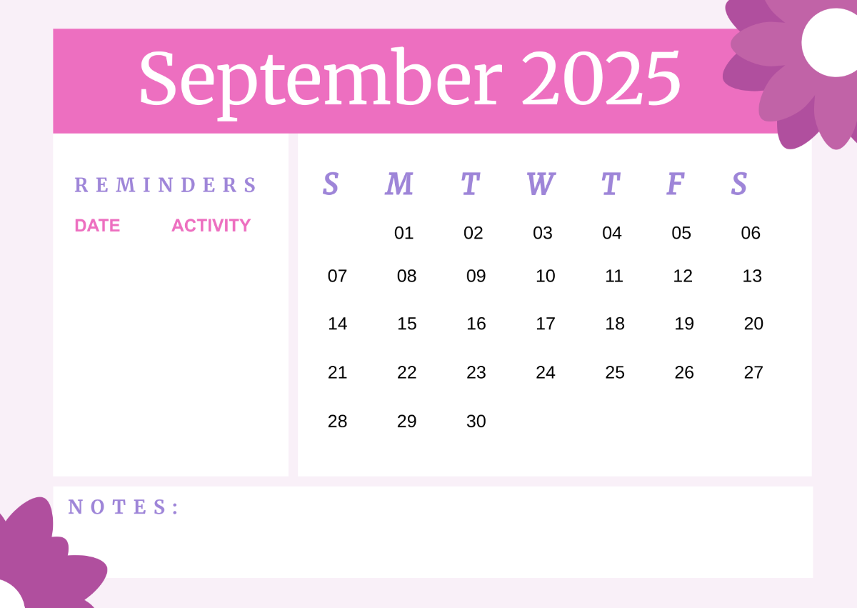 Free September 2025 Calendar With Reminders Template To Edit Online