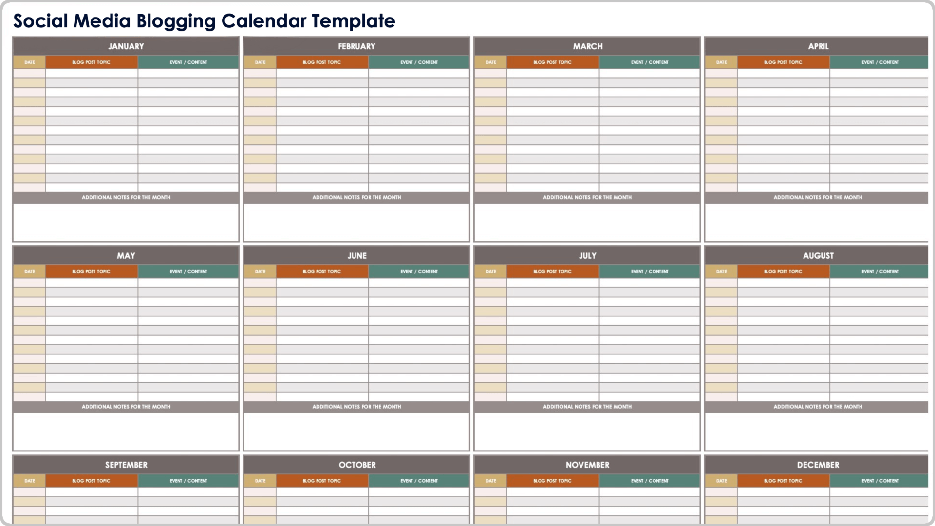 Blank Social Media Calendar 2025