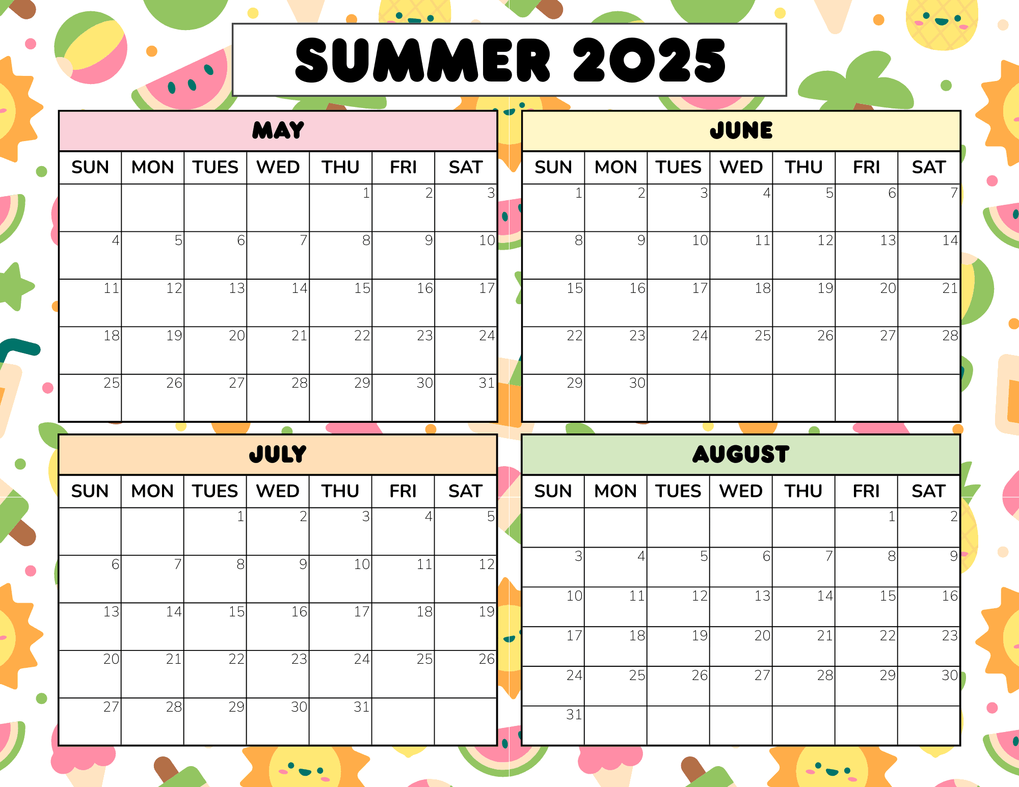 2025 Blank Summer Calendar