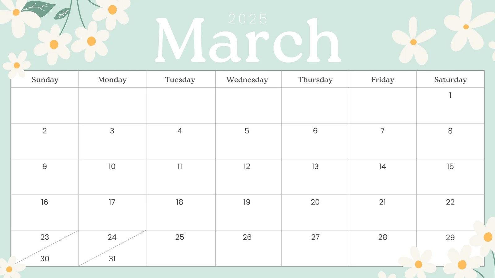 2025 Spring Semester Calendar Blank