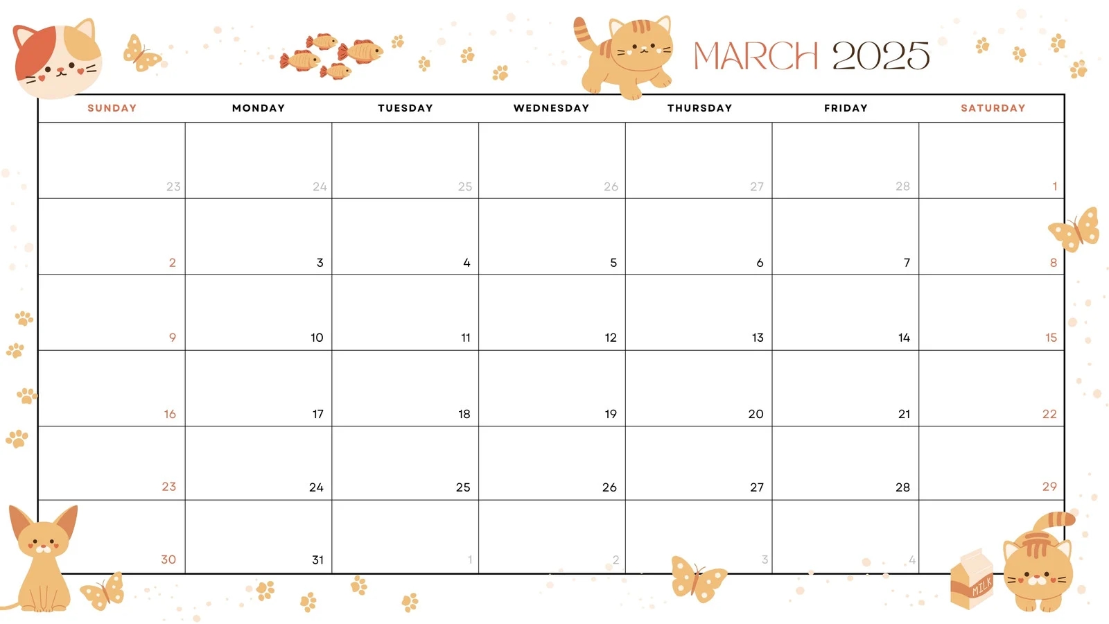 Free To Edit And Print March 2025 Calendar Templates Canva