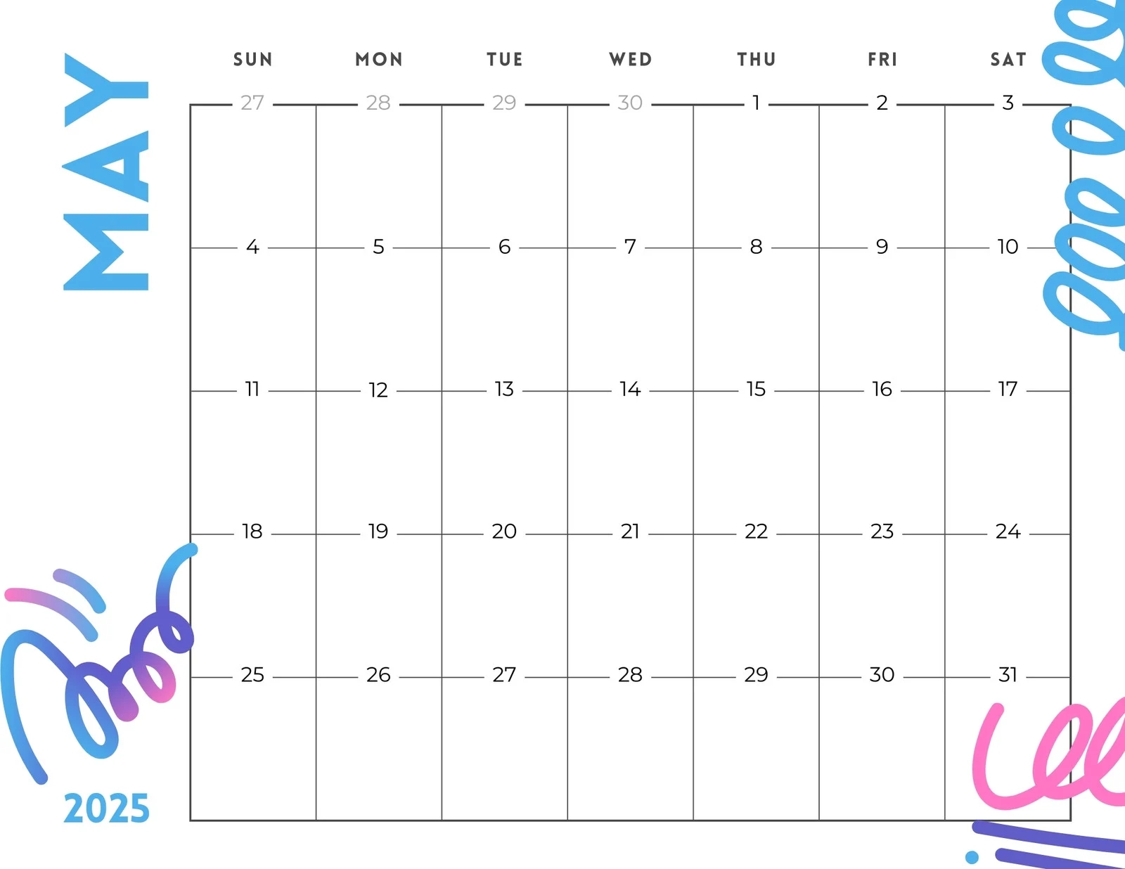 Free To Edit And Print May 2025 Calendar Templates Canva