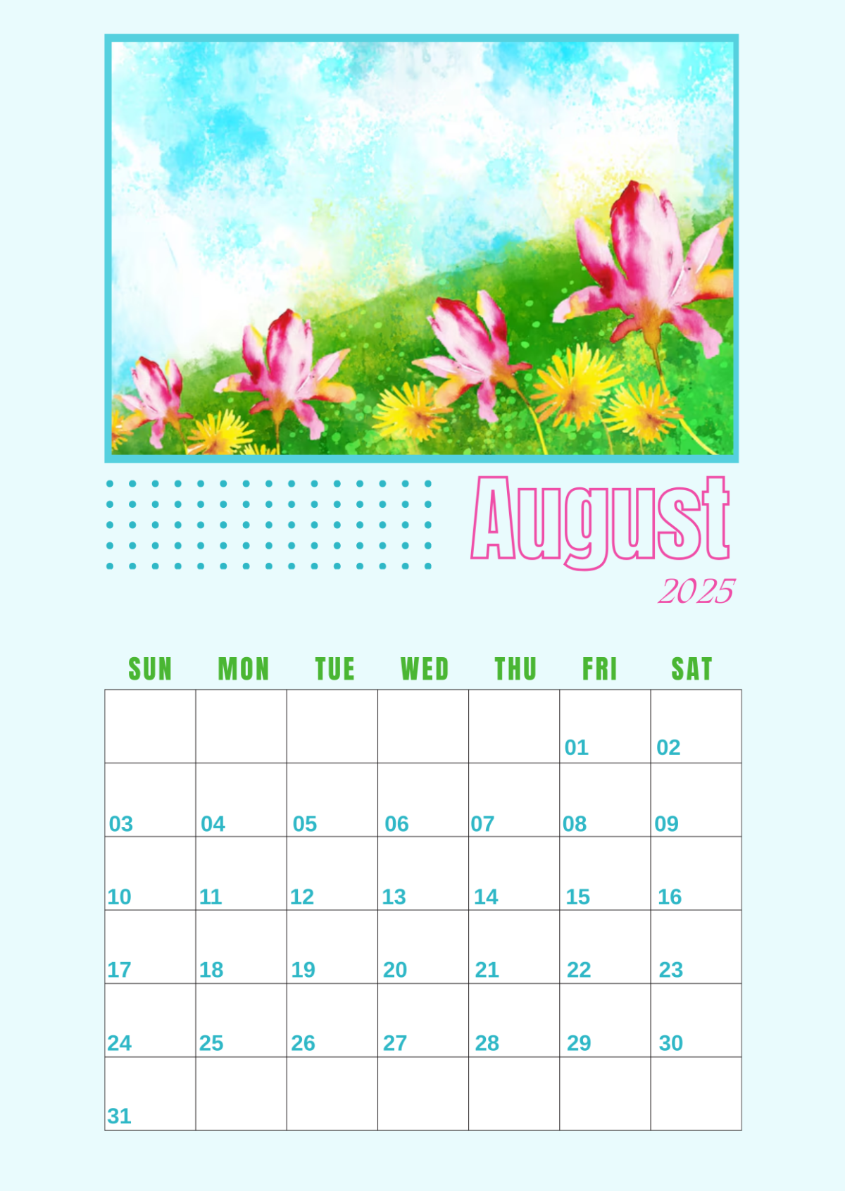 Blank August 2025 Calendar Floral