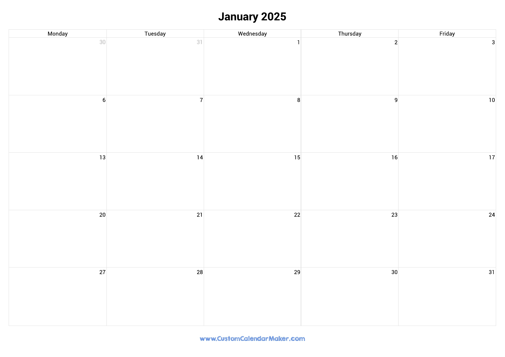 January 2025 Calendar Weekdays Only Monday To Friday Custom Calendar Maker