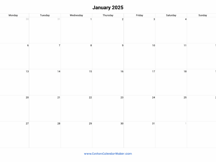 January 2025 Monday Start Calendar Monday To Sunday Custom Calendar Maker