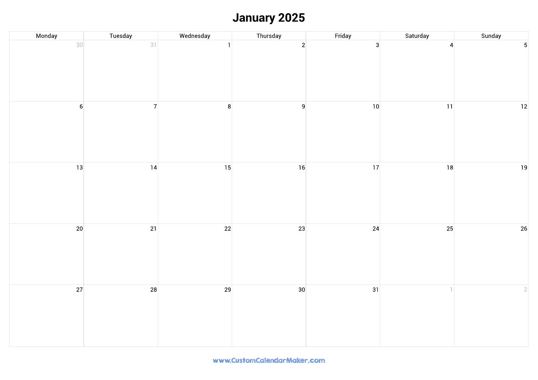 January 2025 Monday Start Calendar Monday To Sunday Custom Calendar Maker