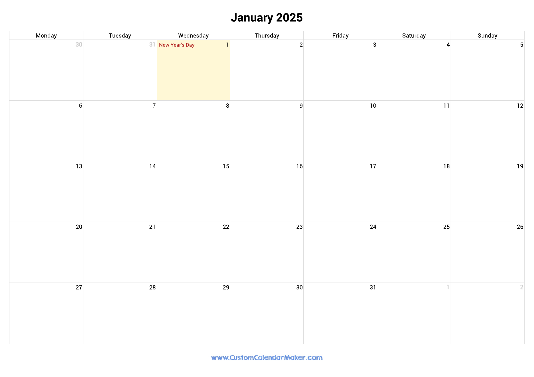 Blank Calendar 2025 With Holidays