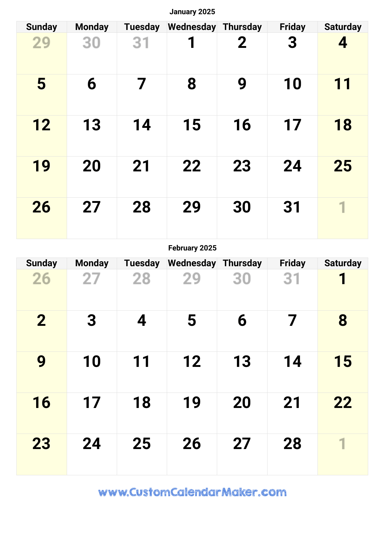 January And February 2025 Calendar Custom Calendar Maker
