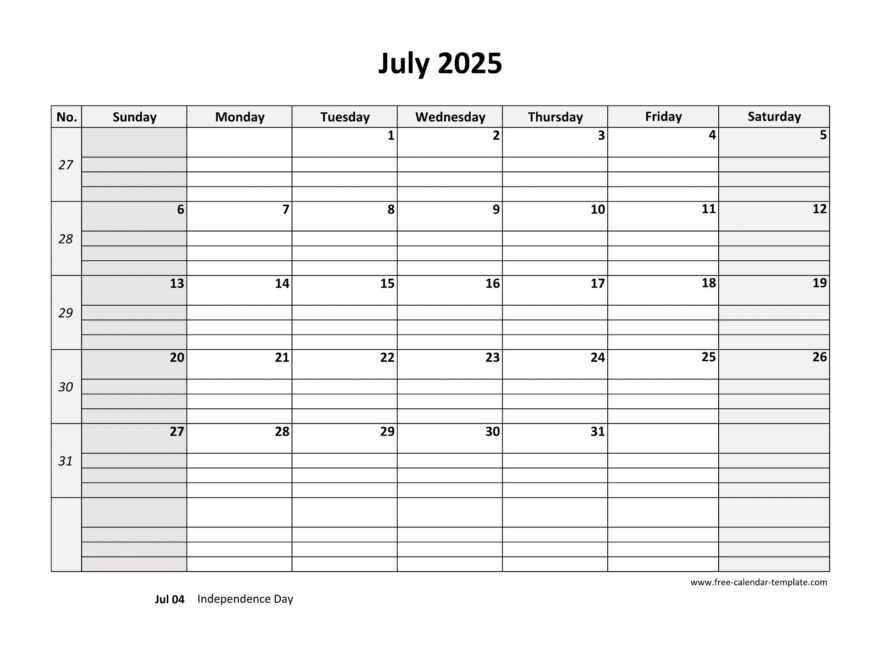 July 2025 Calendar Free Printable With Grid Lines Designed horizontal Free calendar template