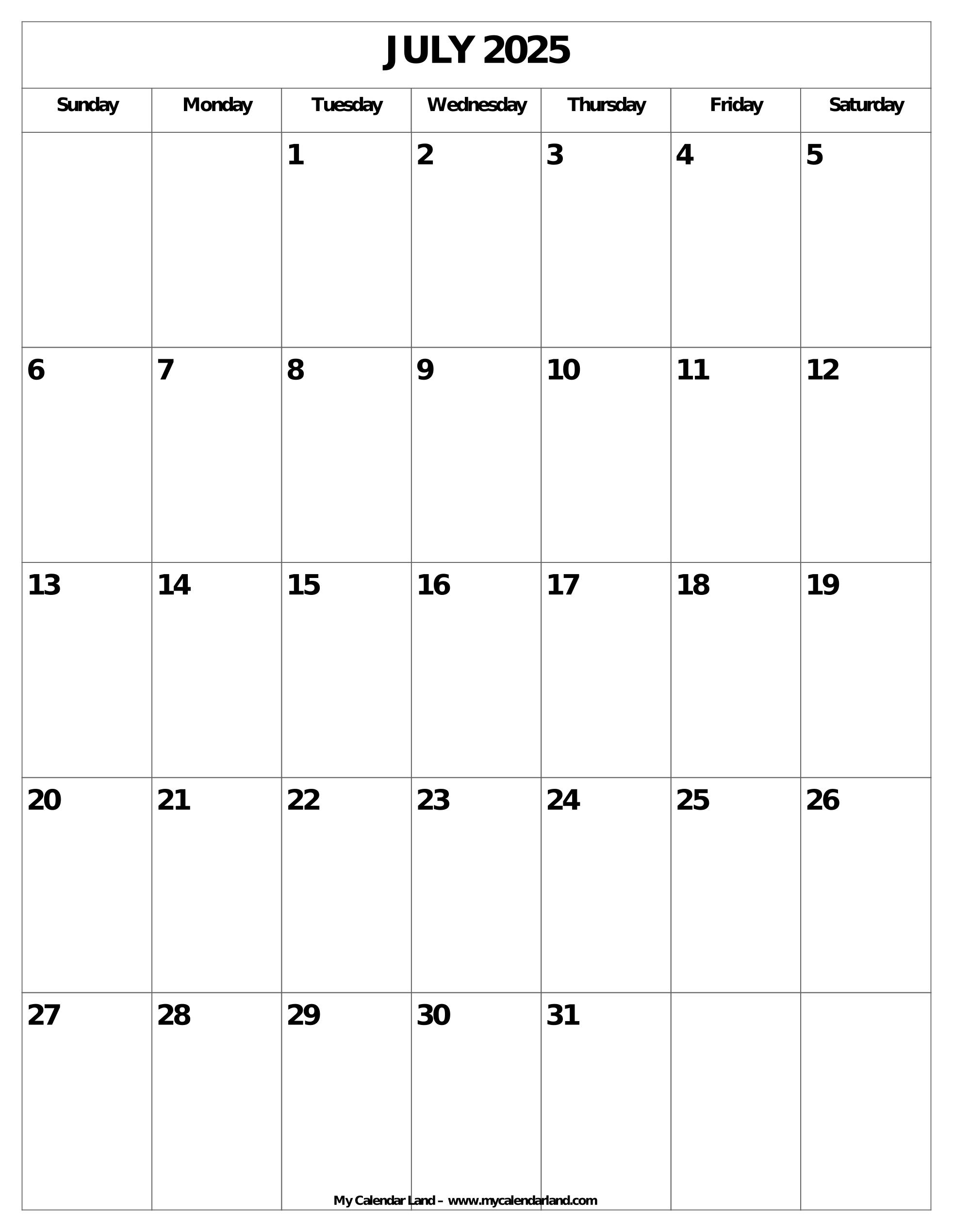 Blank Calendar For Juiy 2025