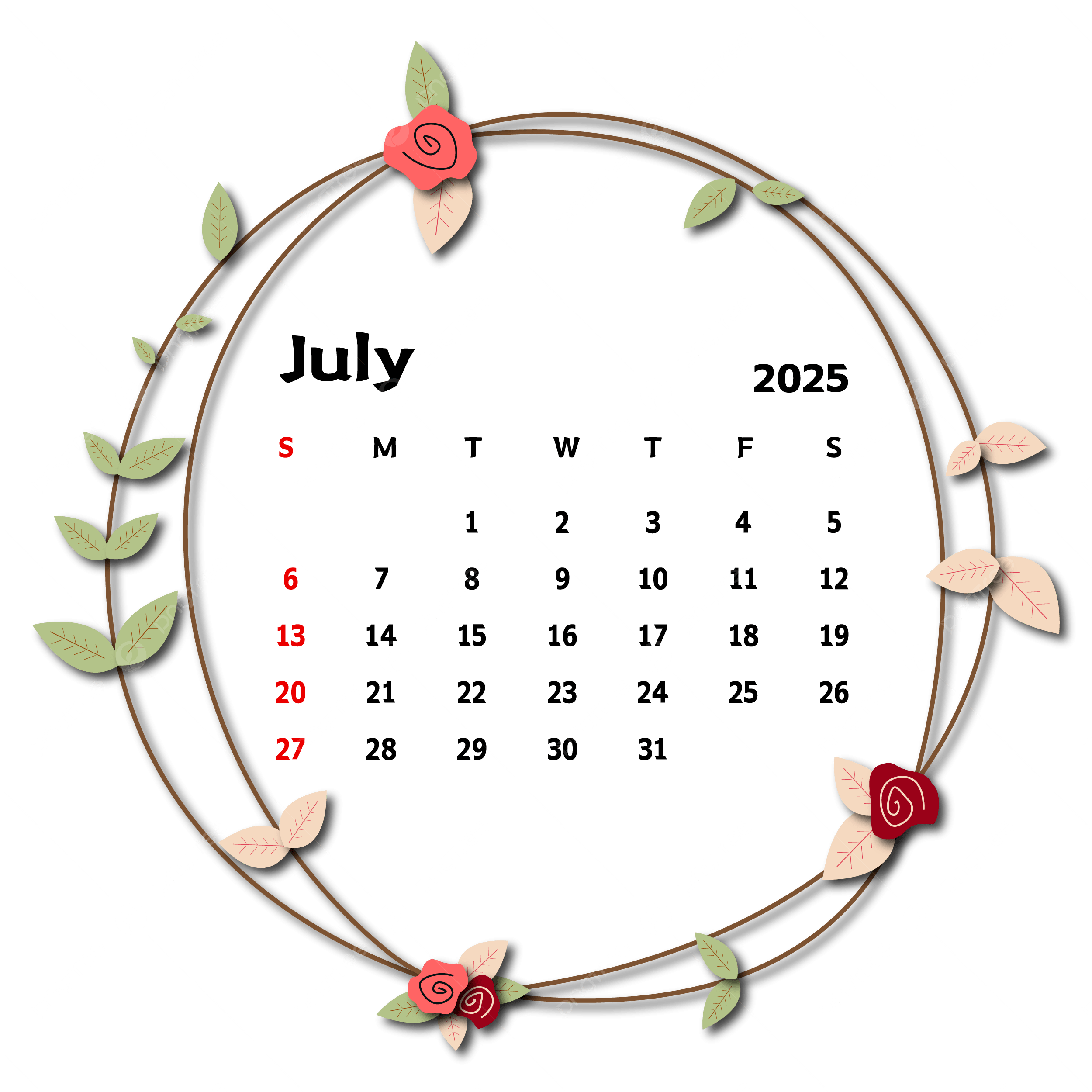 July 2025 Calendar With Leafy Circle Frame Vector Calendar July 2025 Leaf PNG And Vector With Transparent Background For Free Download