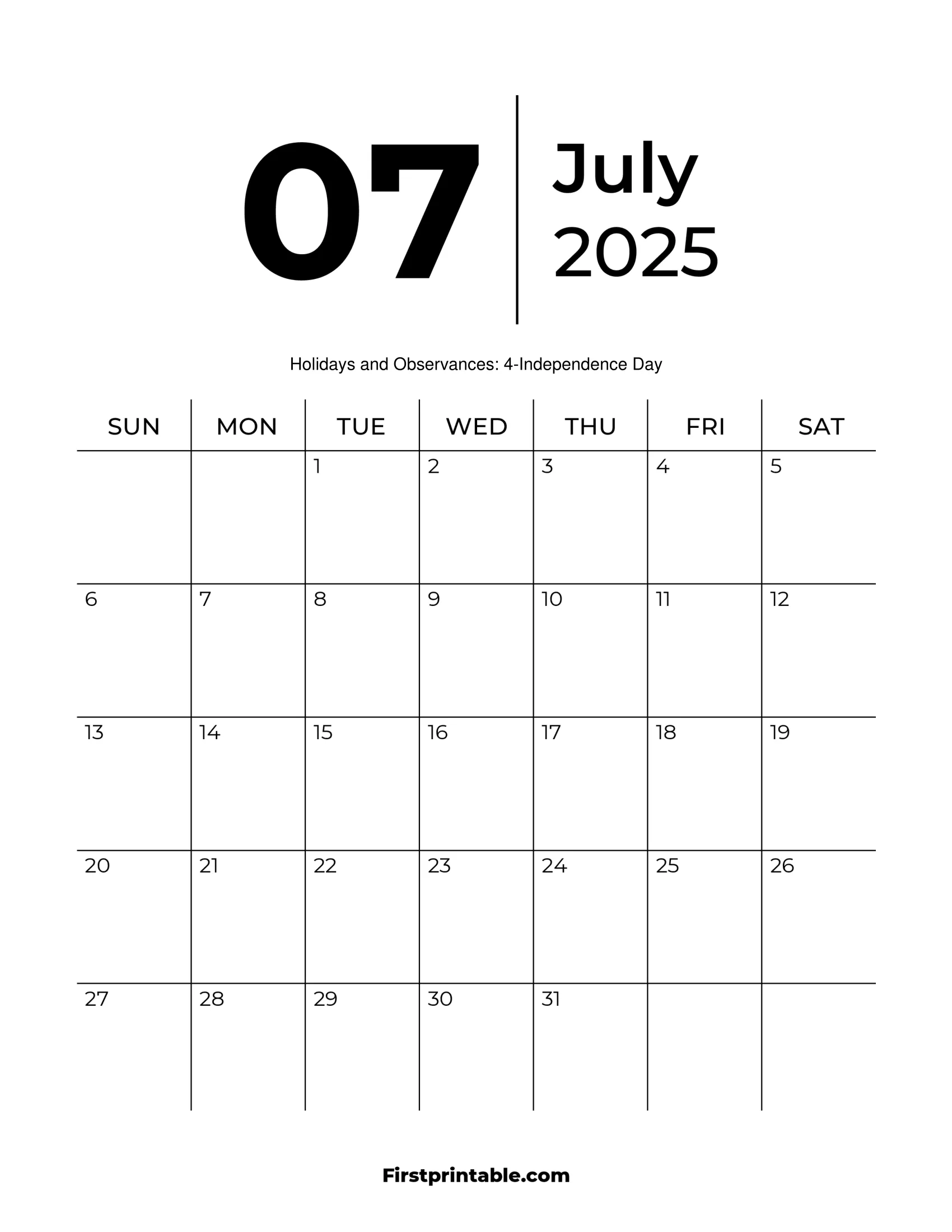 July 2025 Calendars Free Printable Fillable