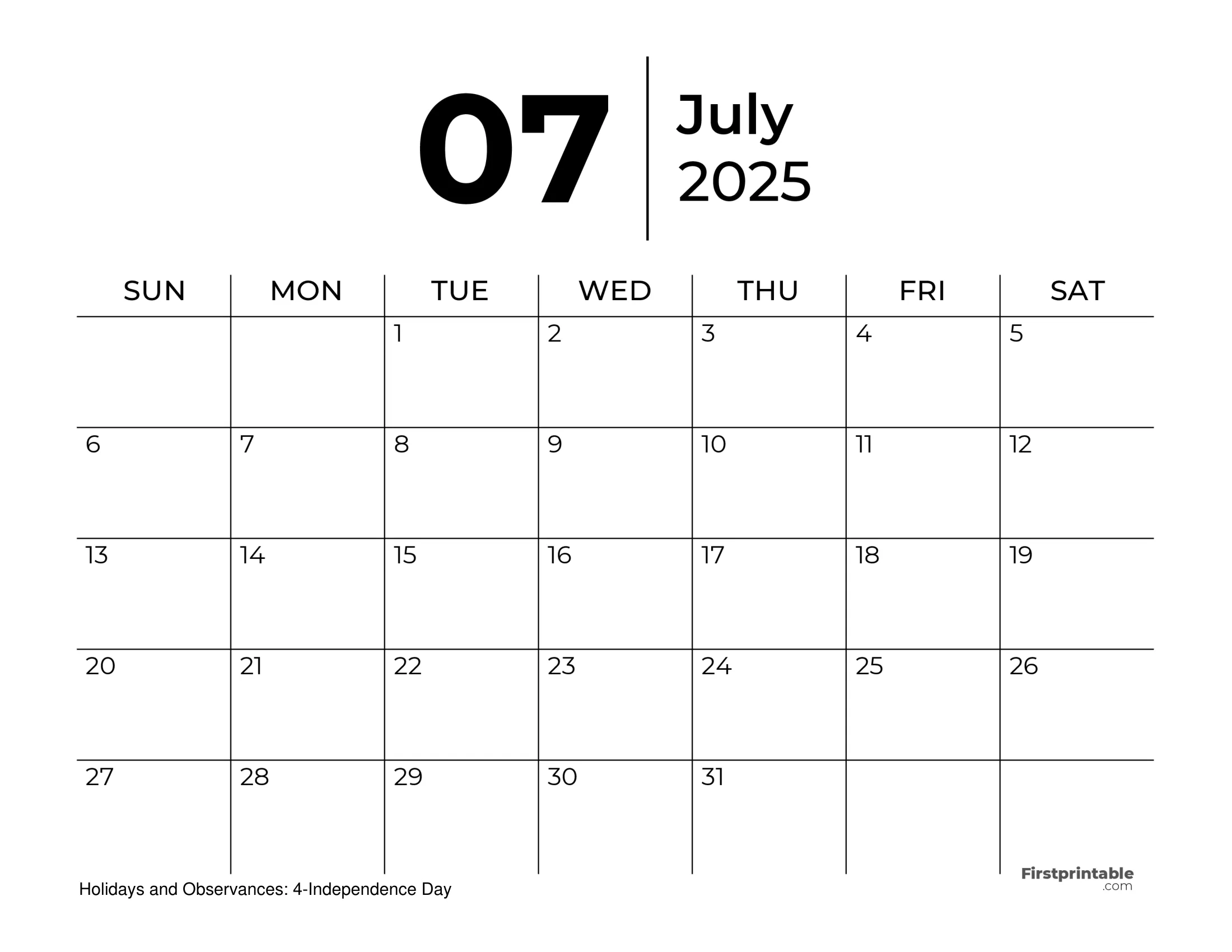 July 2025 Calendars Free Printable Fillable
