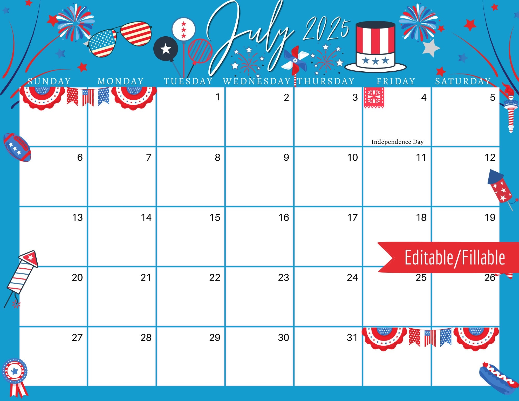 July 2025 Digital Calendar Blue 4th Of July Planner Editable Fillable Printable Calendar For Planning PDF PNG And JPG Download Etsy