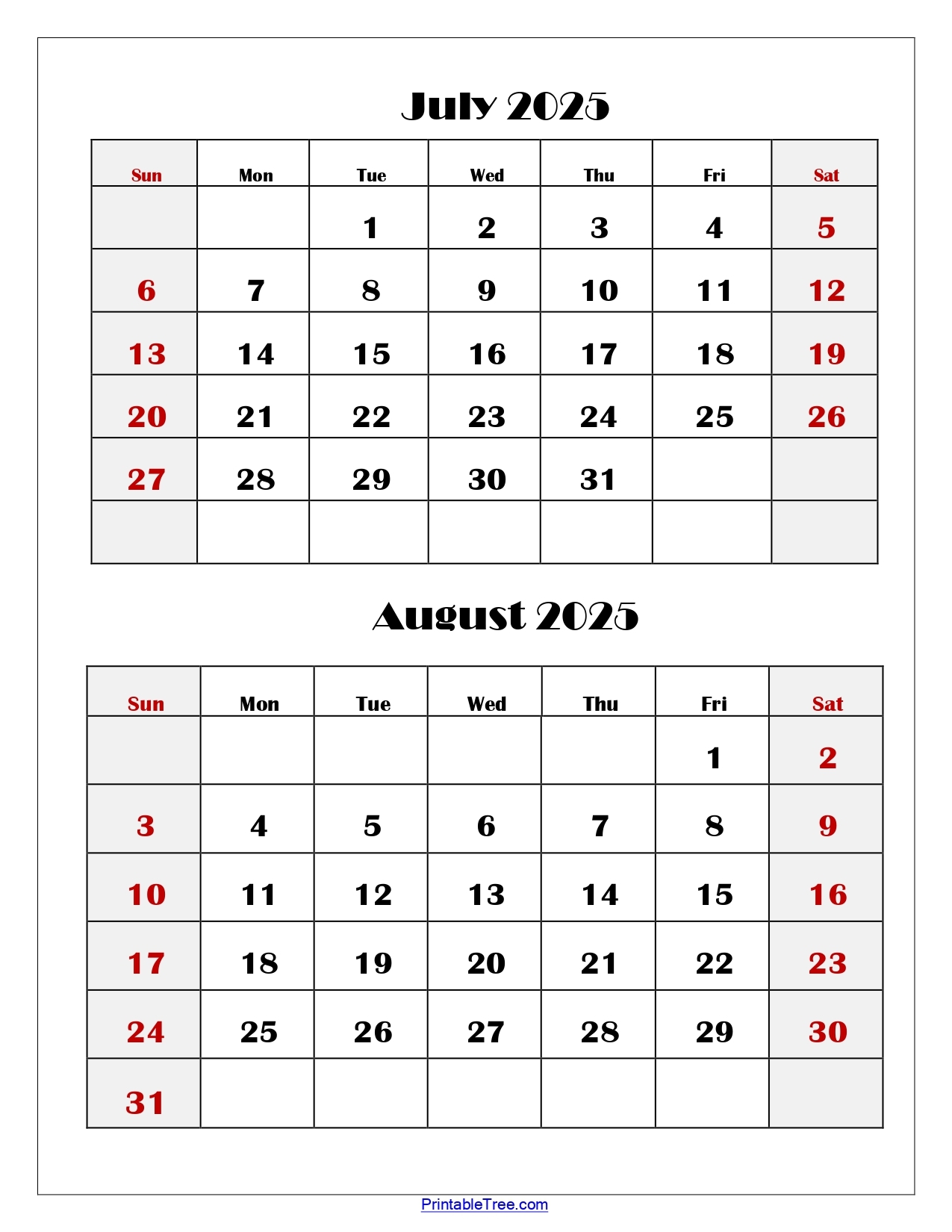 Printable Blank Calendar 2025 August